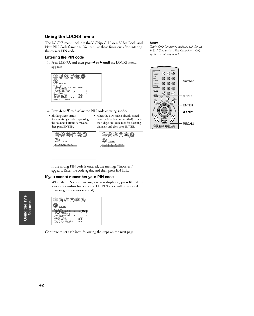 Toshiba 26HL84, 32HL84 owner manual Using the Locks menu, Entering the PIN code, If you cannot remember your PIN code 