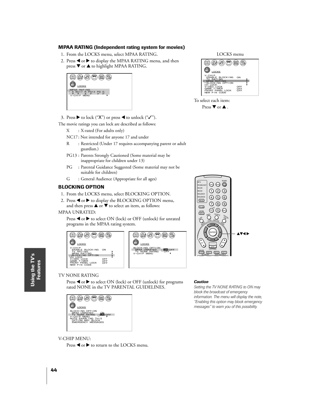 Toshiba 26HL84, 32HL84 Mpaa Rating Independent rating system for movies, Press x or to return to the Locks menu 