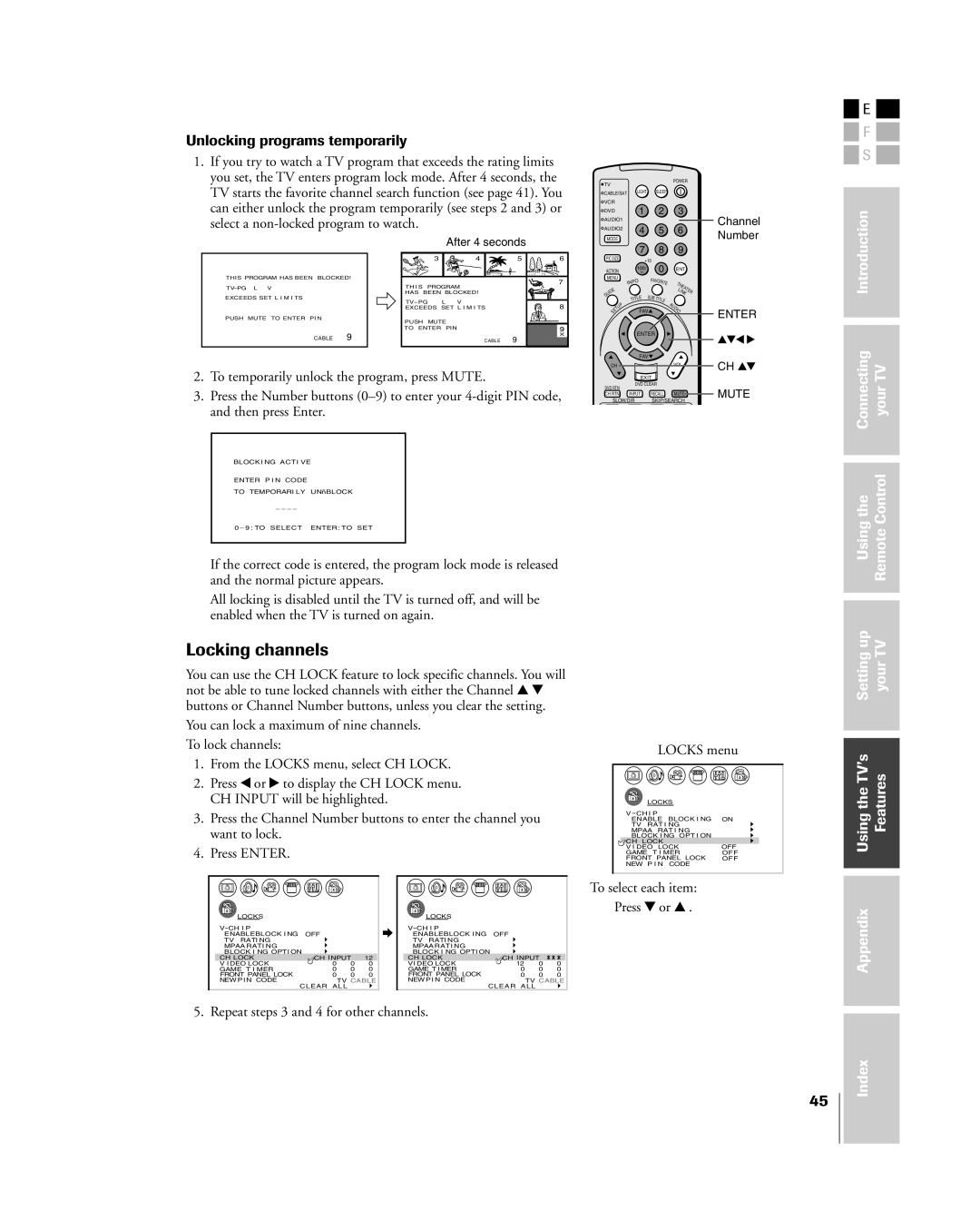 Toshiba 26HL84, 32HL84 owner manual Locking channels, Unlocking programs temporarily, After 4 seconds, CH yz 