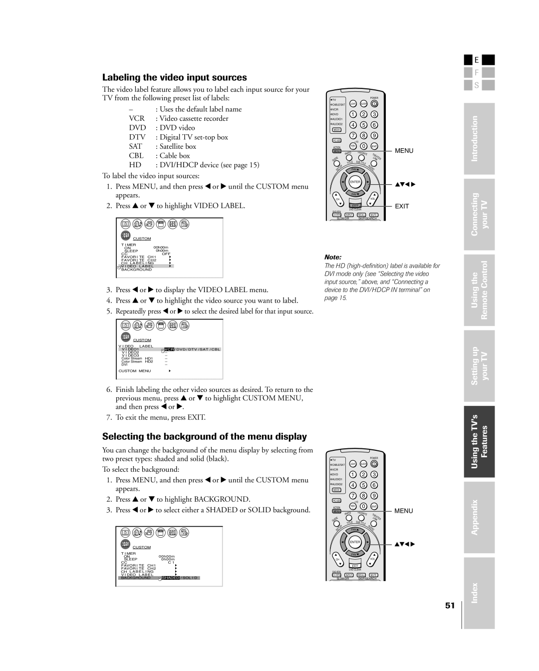 Toshiba 26HL84, 32HL84 owner manual Labeling the video input sources, Selecting the background of the menu display 