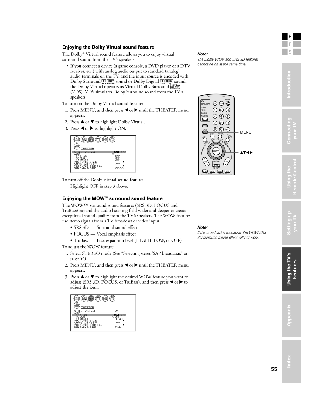 Toshiba 26HL84, 32HL84 owner manual Enjoying the Dolby Virtual sound feature, Enjoying the WOWª surround sound feature 