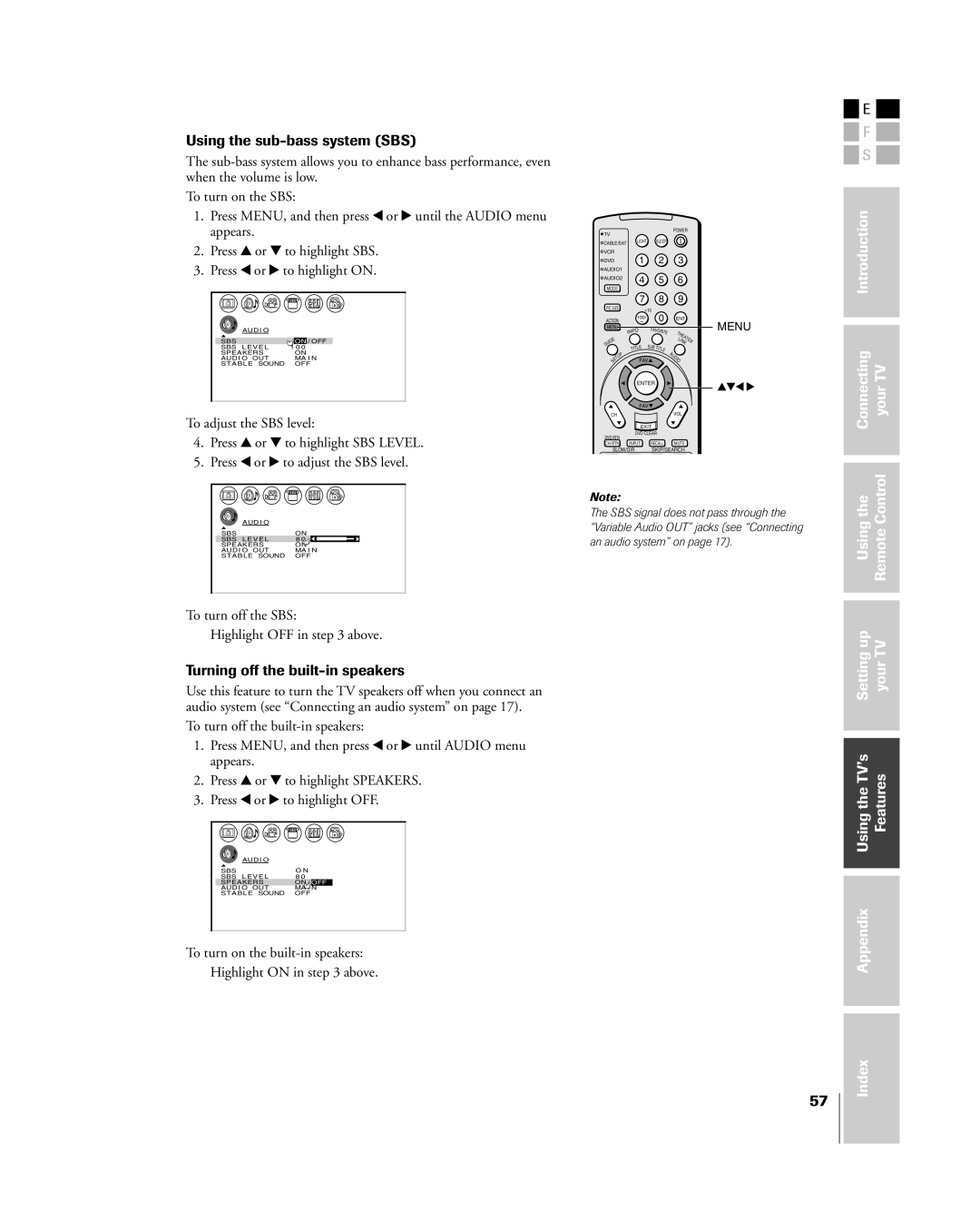 Toshiba 26HL84, 32HL84 owner manual Using the sub-bass system SBS, Turning off the built-in speakers 