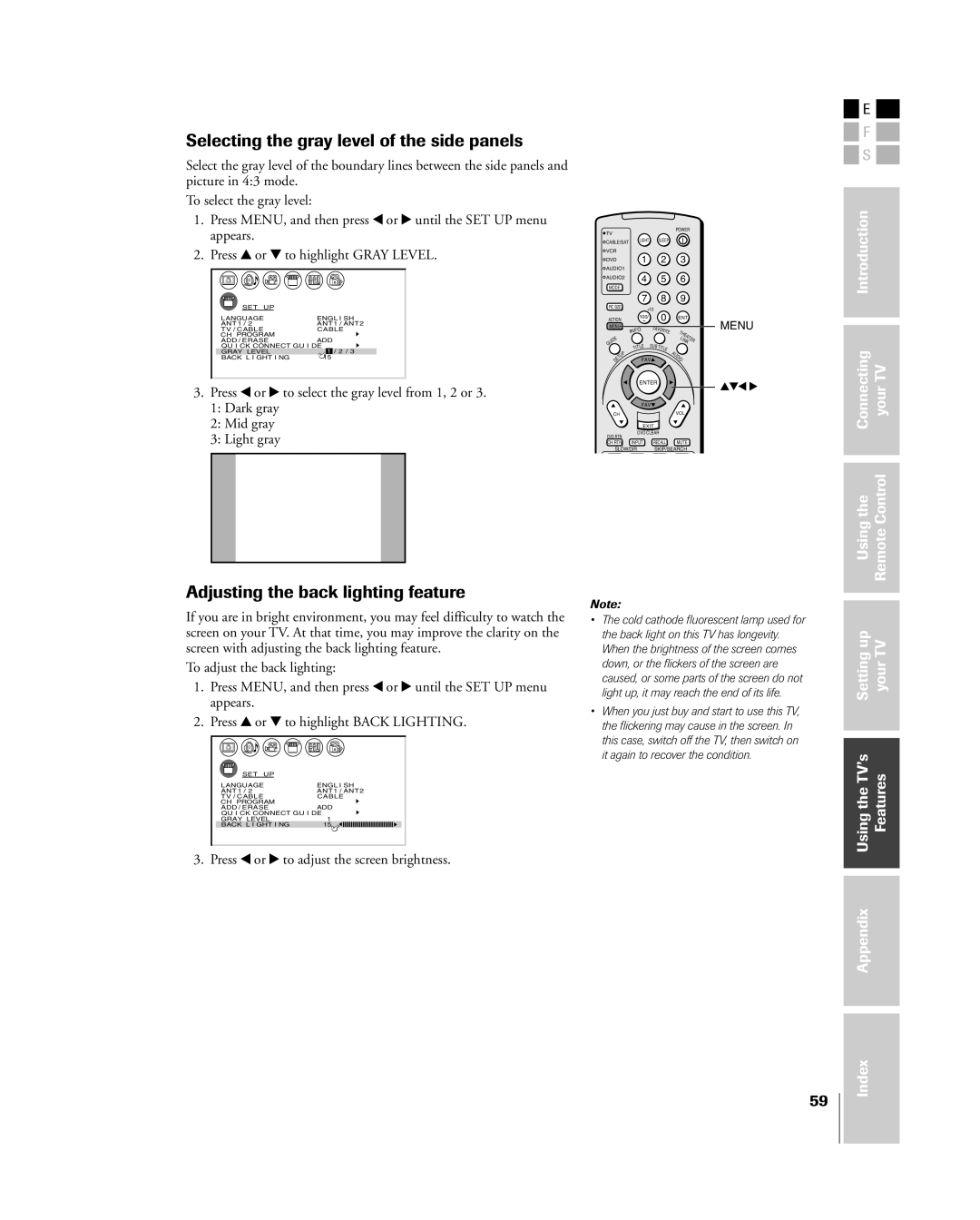 Toshiba 26HL84, 32HL84 owner manual Selecting the gray level of the side panels, Adjusting the back lighting feature 