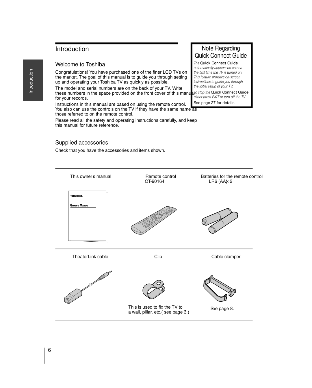 Toshiba 26HL84, 32HL84 owner manual Introduction, Quick Connect Guide, Welcome to Toshiba, Supplied accessories 