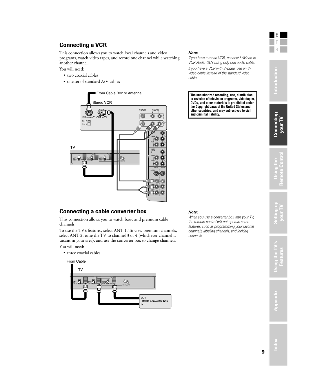 Toshiba 26HL84, 32HL84 Connecting a VCR, Connecting a cable converter box, You will need ¥ three coaxial cables 