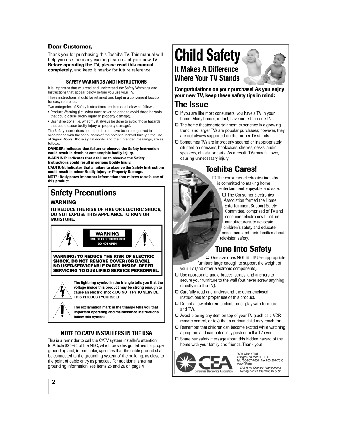 Toshiba 26HL84 owner manual Dear Customer, Safety Warnings and Instructions 