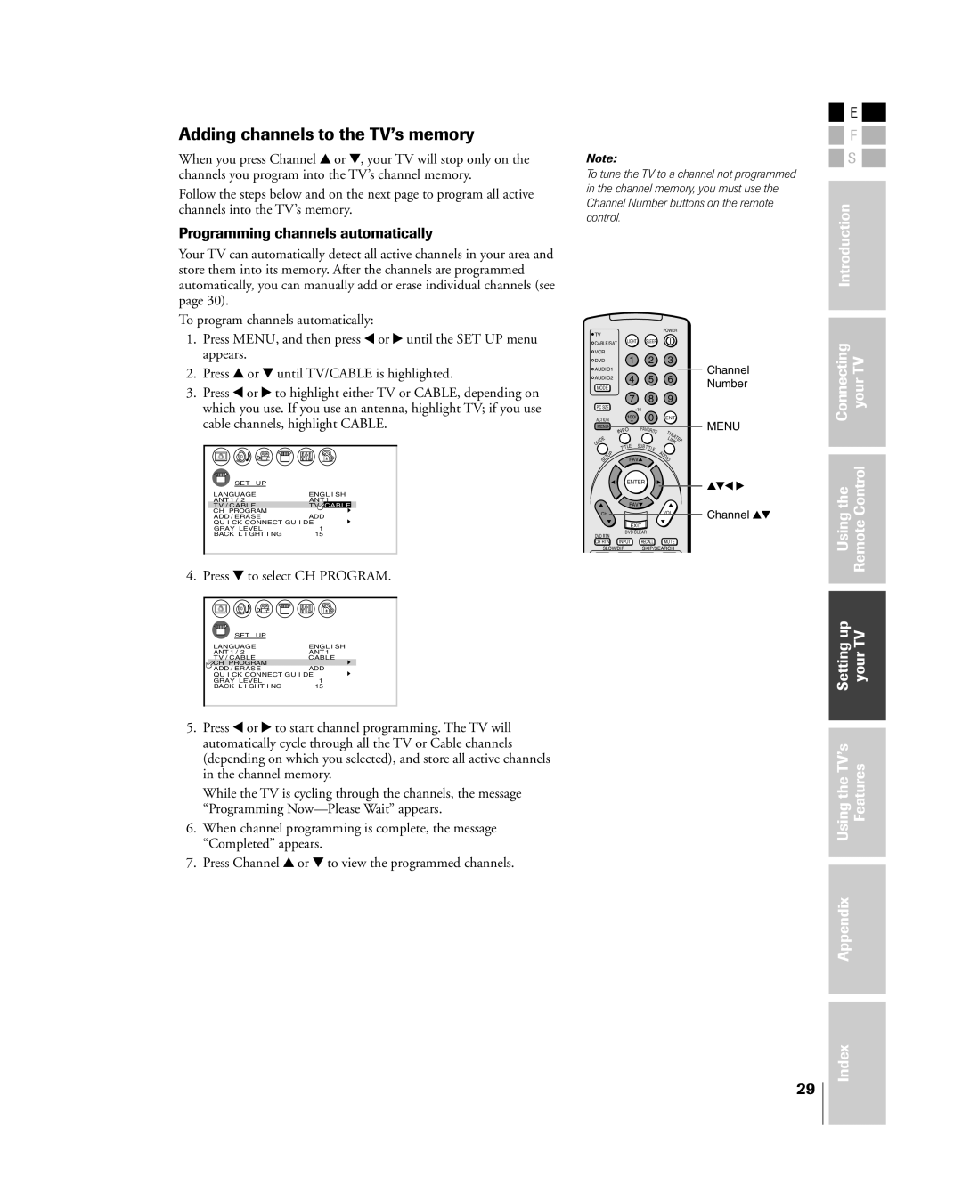 Toshiba 26HL84 Adding channels to the TVÕs memory, Programming channels automatically, Press z to select CH Program 