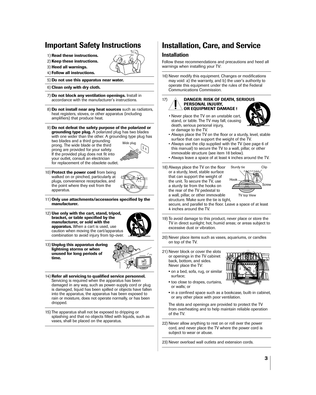 Toshiba 26HL84 owner manual Important Safety Instructions, Installation 