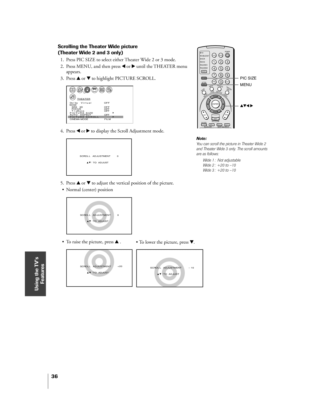 Toshiba 26HL84 owner manual Press x or to display the Scroll Adjustment mode, ¥ To raise the picture, press y 