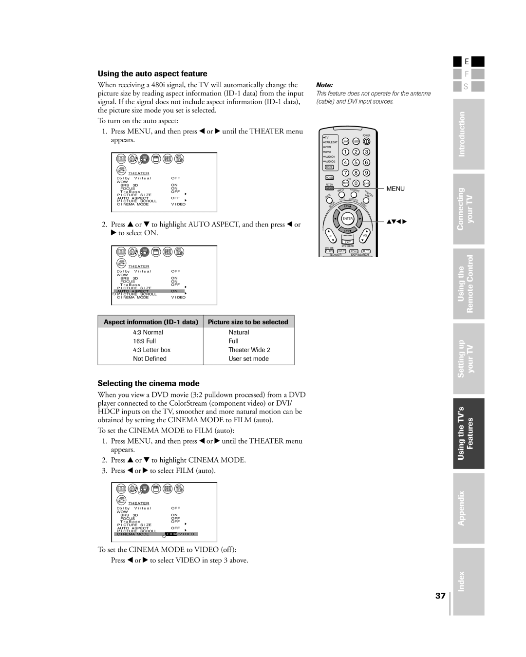 Toshiba 26HL84 owner manual Using the auto aspect feature, Selecting the cinema mode 