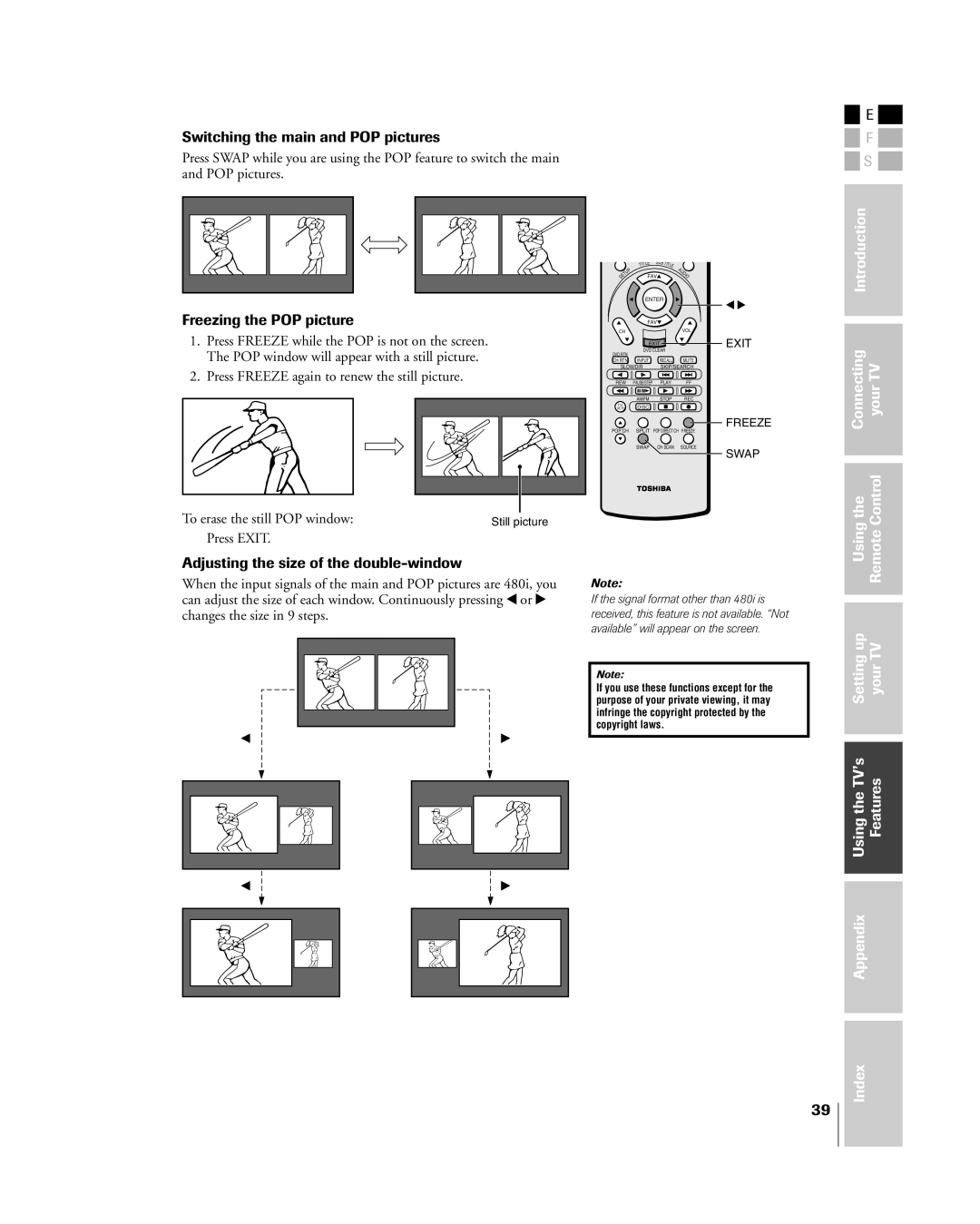 Toshiba 26HL84 Switching the main and POP pictures, Freezing the POP picture, Adjusting the size of the double-window 