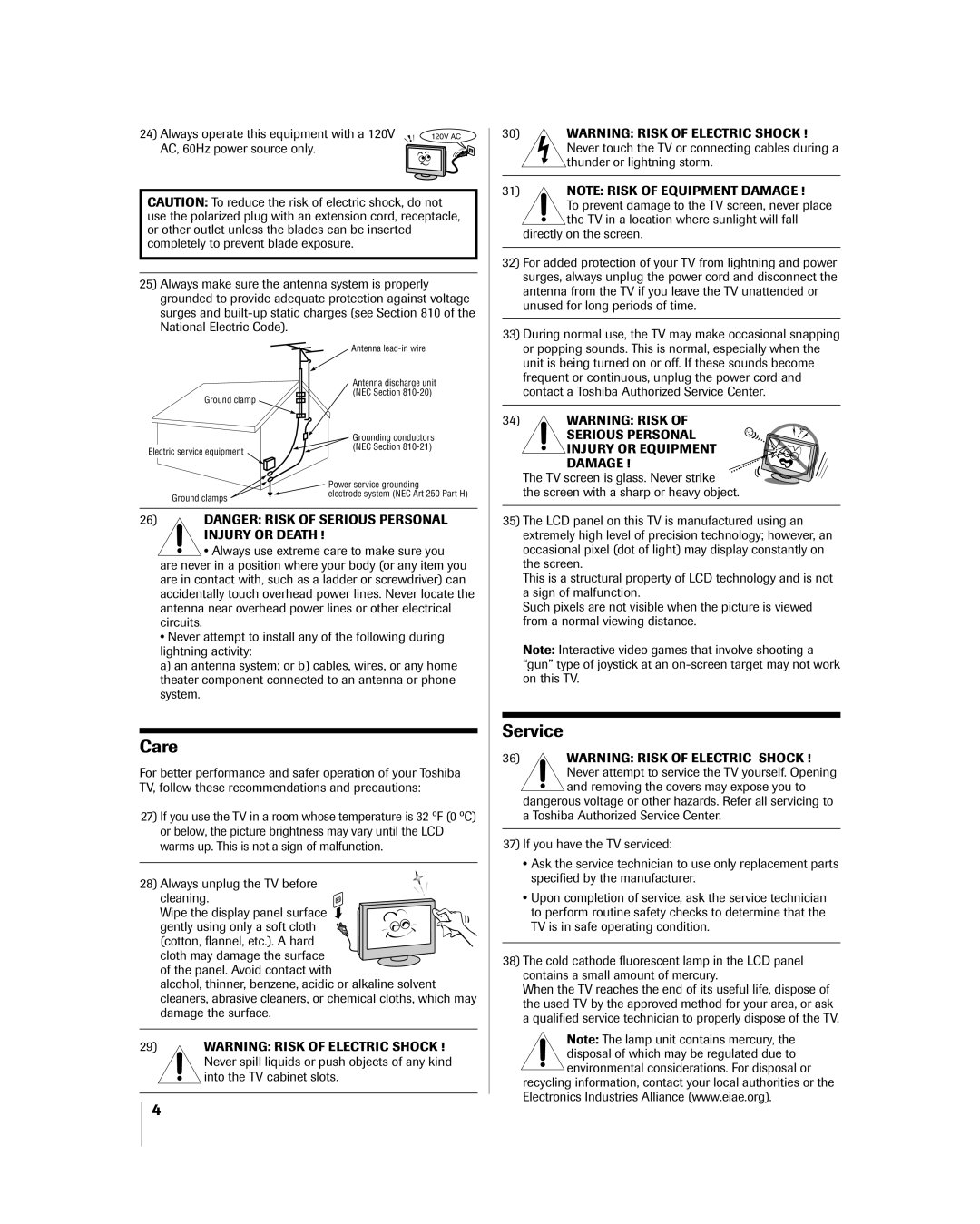 Toshiba 26HL84 owner manual Care, Service 