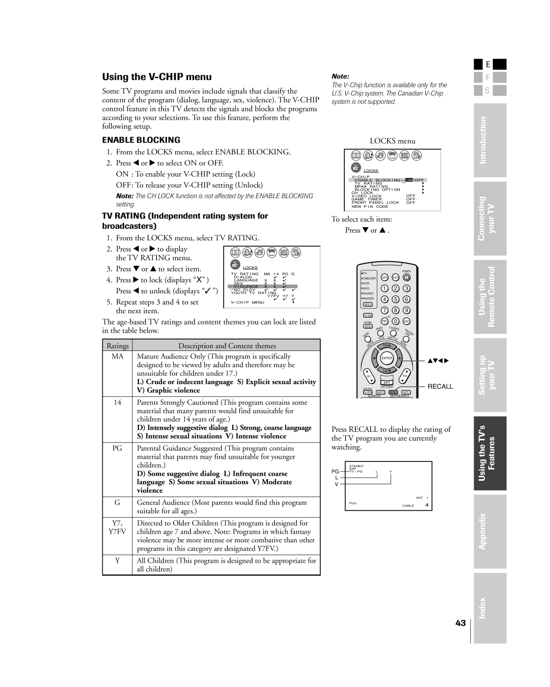 Toshiba 26HL84 owner manual Using the V-CHIP menu, TV Rating Independent rating system for broadcasters 