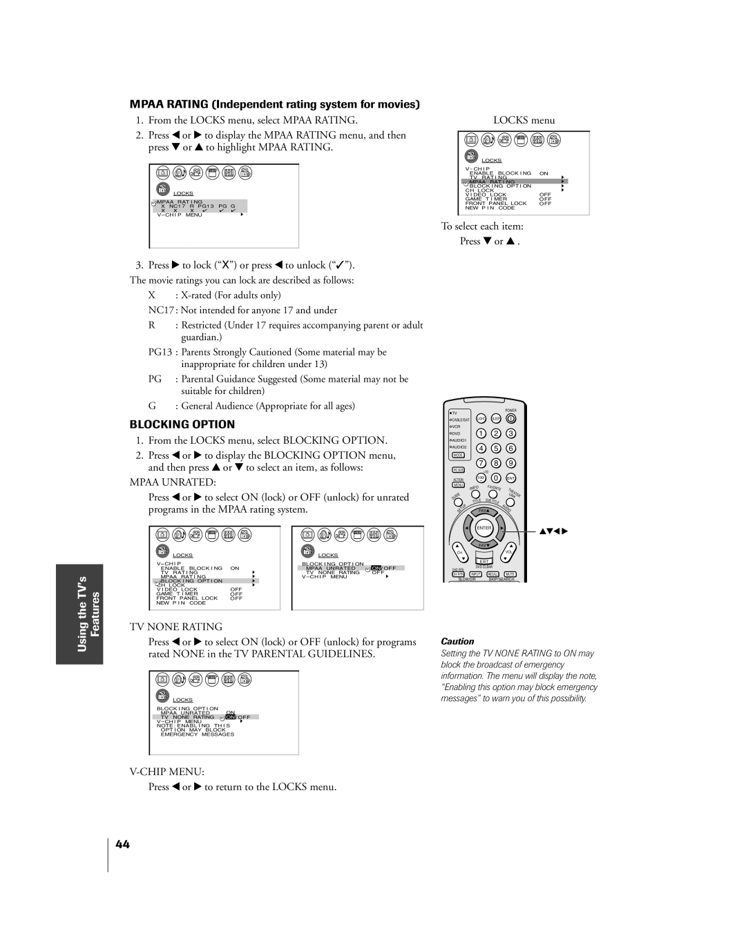 Toshiba 26HL84 owner manual Mpaa Rating Independent rating system for movies, Press x or to return to the Locks menu 