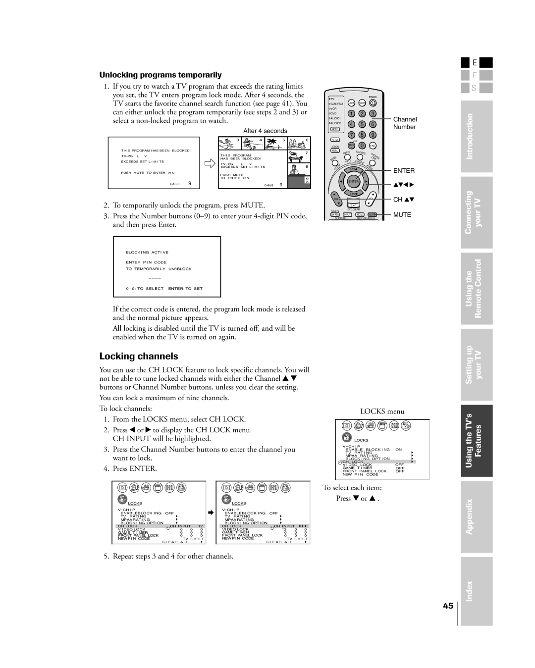 Toshiba 26HL84 Locking channels, Unlocking programs temporarily, Repeat steps 3 and 4 for other channels Locks menu 