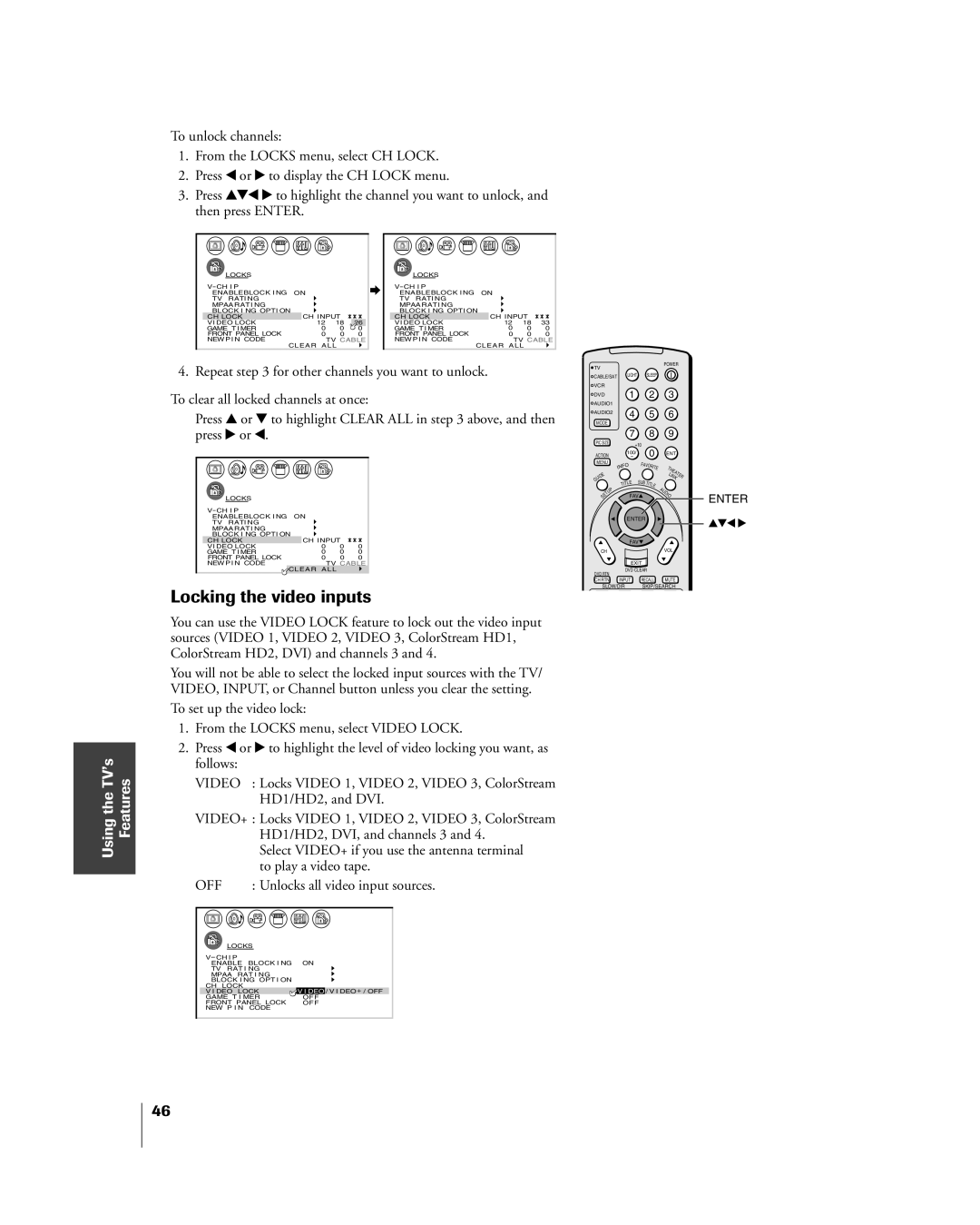 Toshiba 26HL84 owner manual Locking the video inputs, Off 