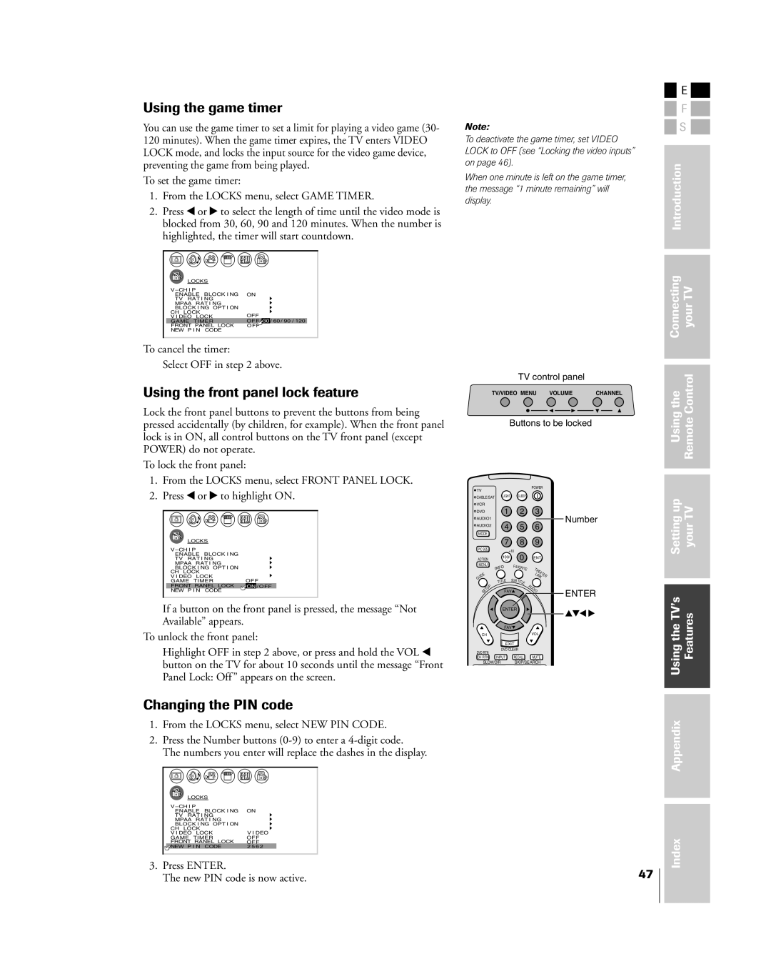 Toshiba 26HL84 owner manual Using the game timer, Using the front panel lock feature, Changing the PIN code 