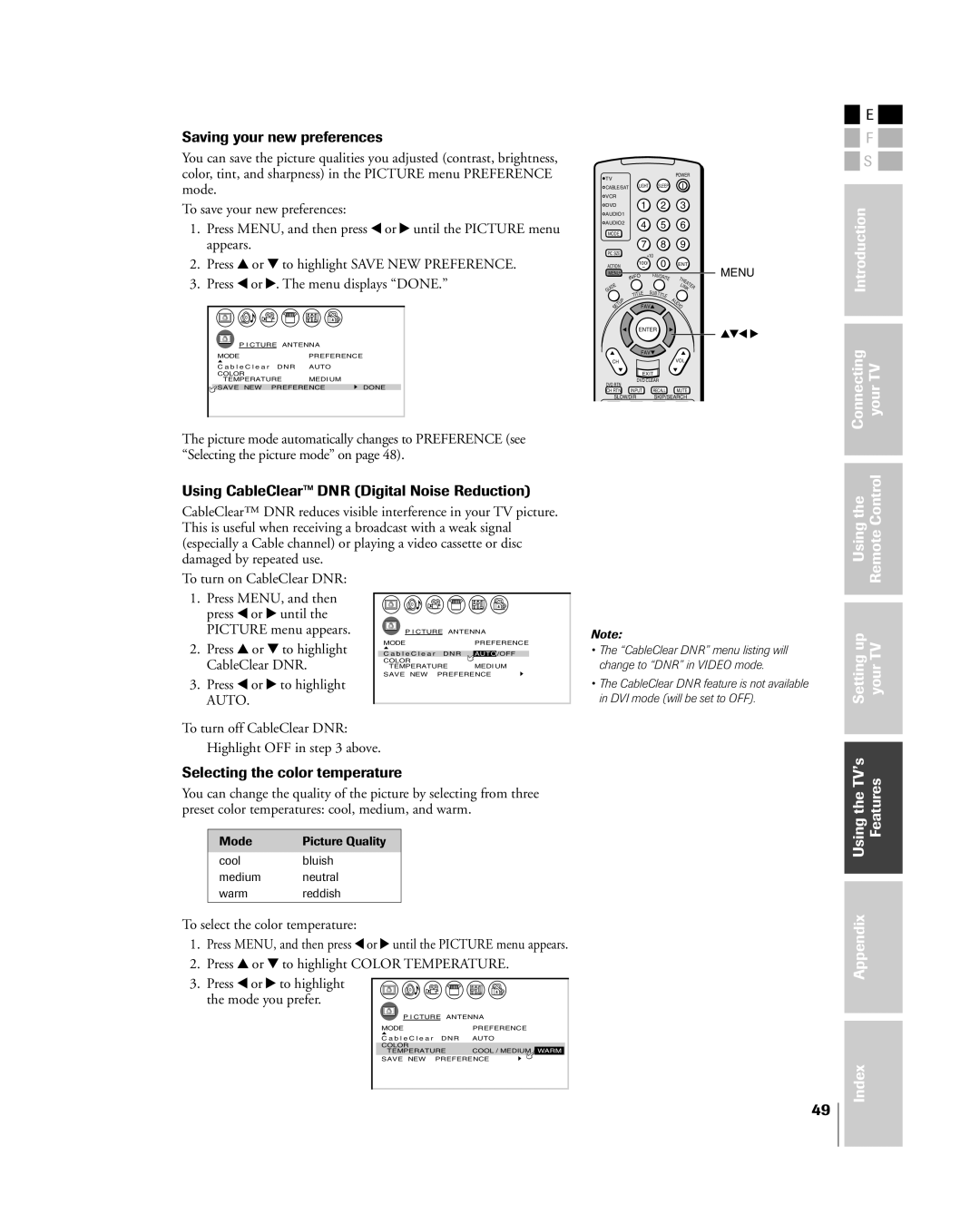 Toshiba 26HL84 Saving your new preferences, Using CableClearª DNR Digital Noise Reduction, Selecting the color temperature 