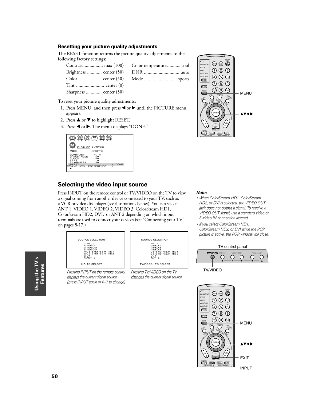 Toshiba 26HL84 owner manual Selecting the video input source, Resetting your picture quality adjustments 