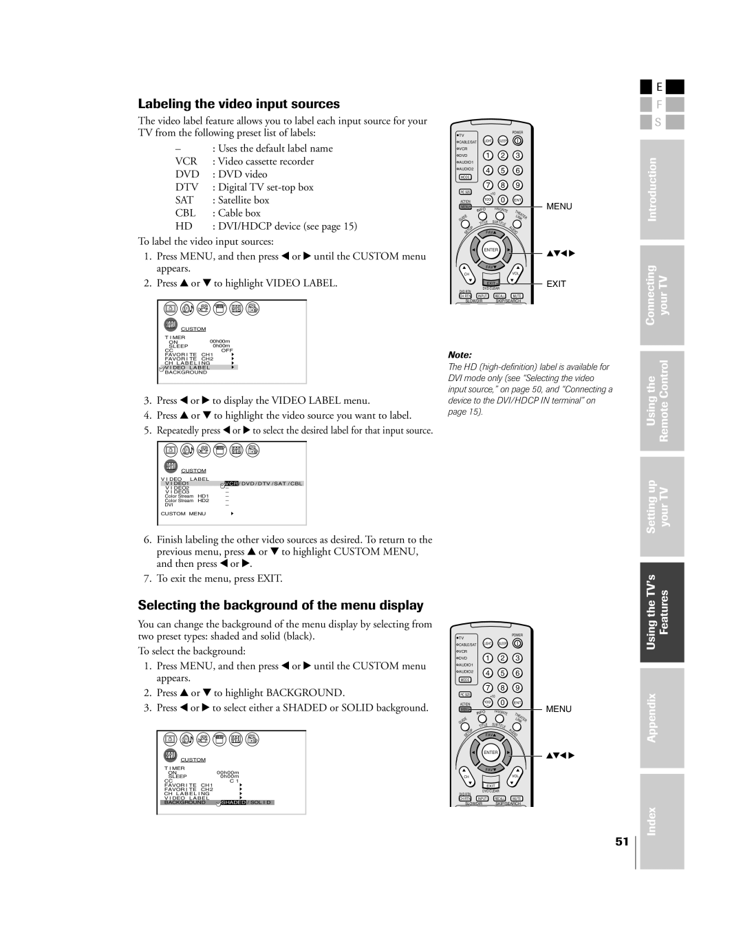 Toshiba 26HL84 owner manual Labeling the video input sources, Selecting the background of the menu display 