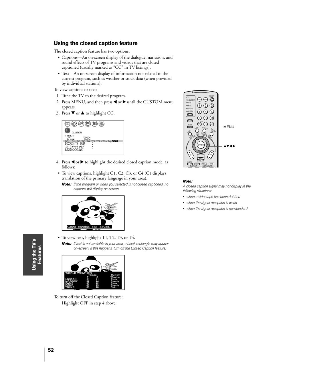 Toshiba 26HL84 owner manual Using the closed caption feature, ¥ To view text, highlight T1, T2, T3, or T4 