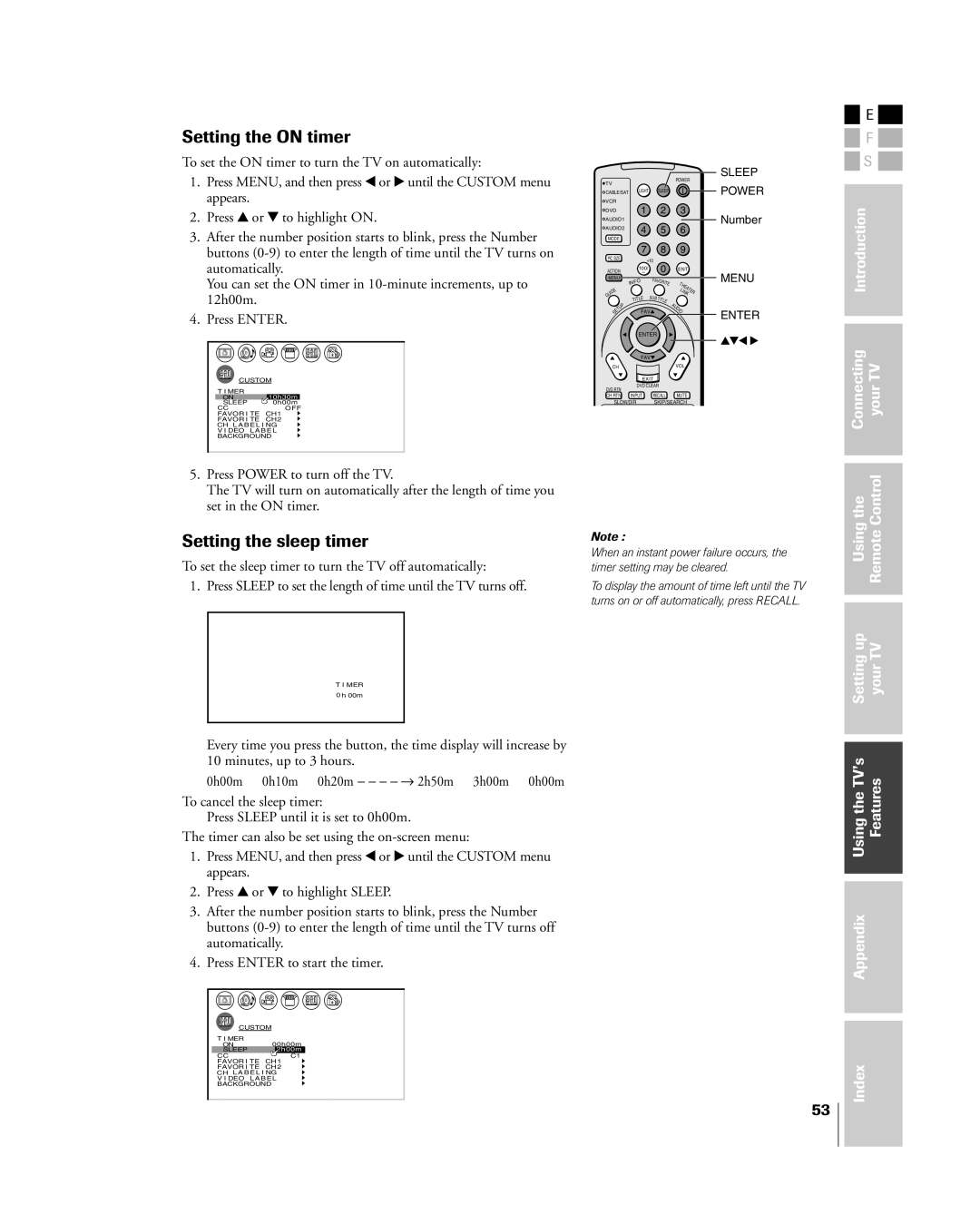 Toshiba 26HL84 owner manual Setting the on timer, Setting the sleep timer, Press y or z to highlight Sleep 