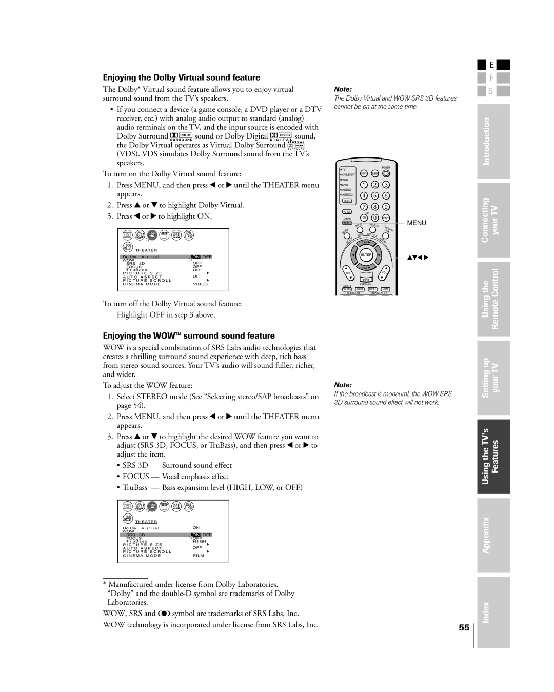 Toshiba 26HL84 owner manual Enjoying the Dolby Virtual sound feature, Enjoying the WOWª surround sound feature 