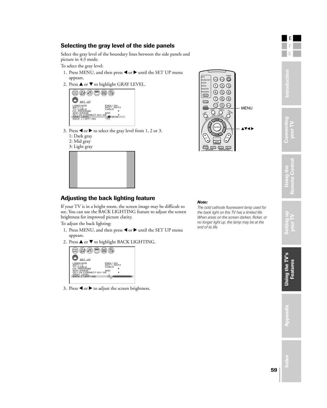 Toshiba 26HL84 owner manual Selecting the gray level of the side panels, Adjusting the back lighting feature 