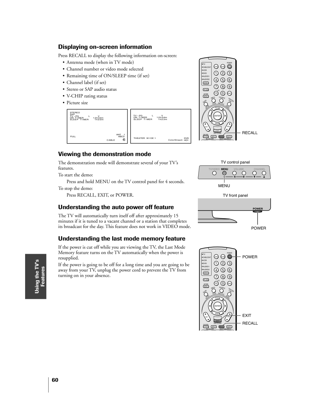 Toshiba 26HL84 Displaying on-screen information, Viewing the demonstration mode, Understanding the auto power off feature 