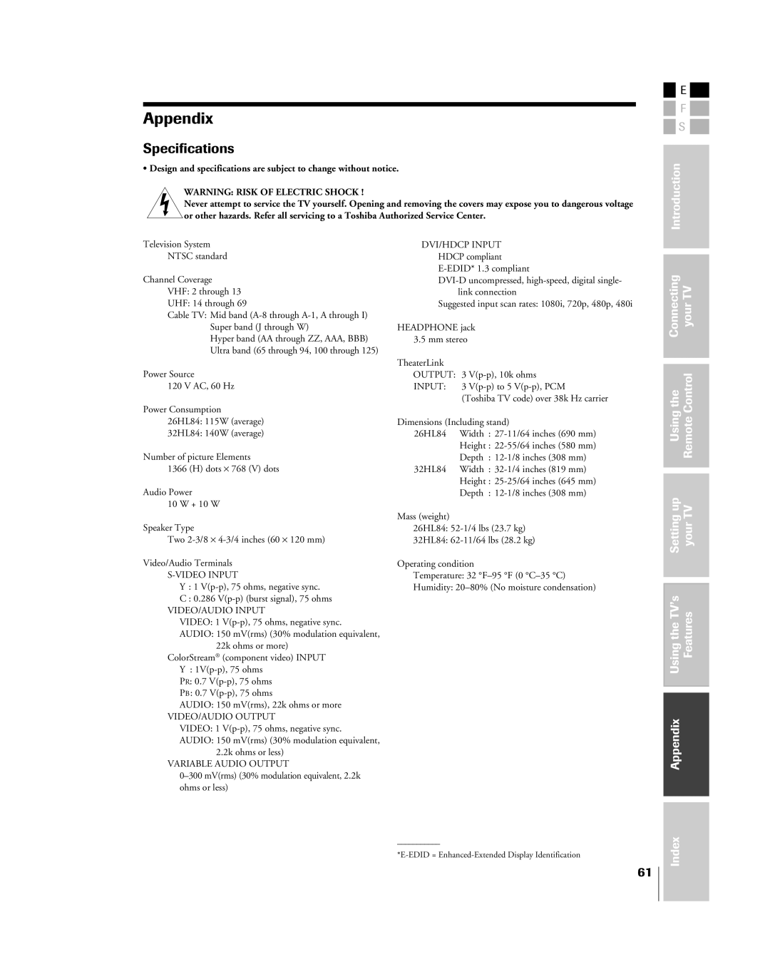 Toshiba 26HL84 owner manual Appendix, Specifications 