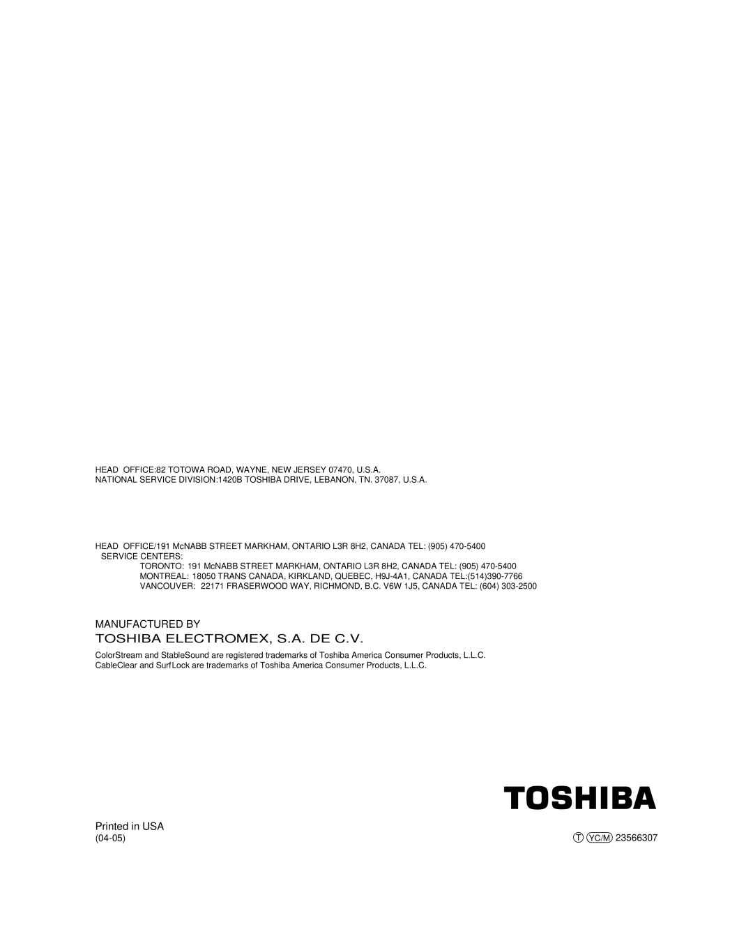 Toshiba 26HL84 owner manual Toshiba ELECTROMEX, S.A. DE C.V 