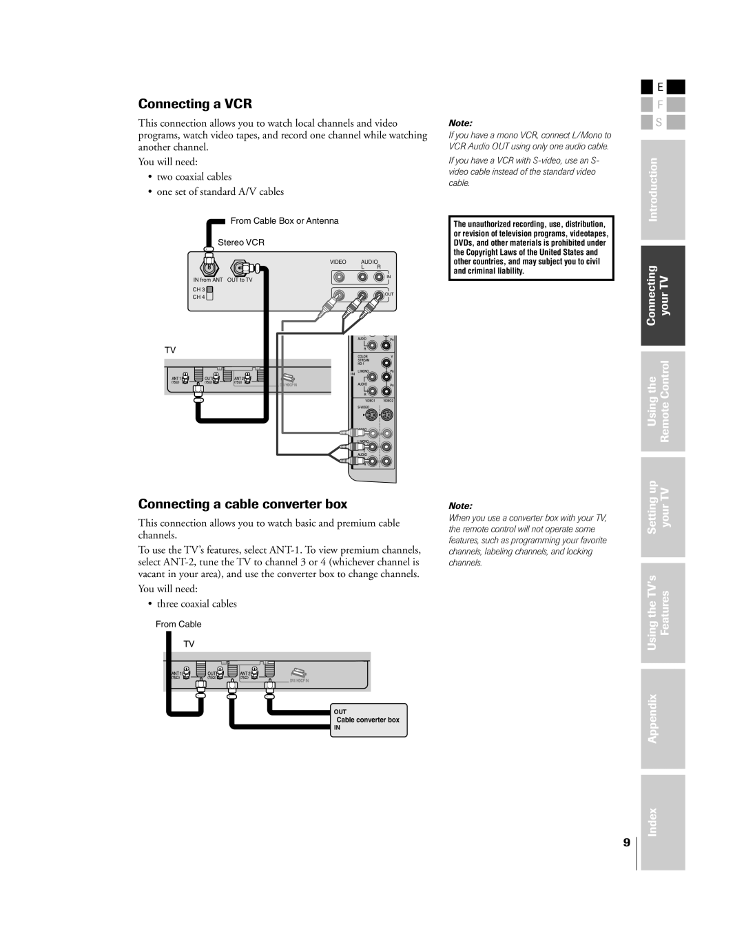 Toshiba 26HL84 owner manual Connecting a VCR, Connecting a cable converter box, You will need ¥ three coaxial cables 