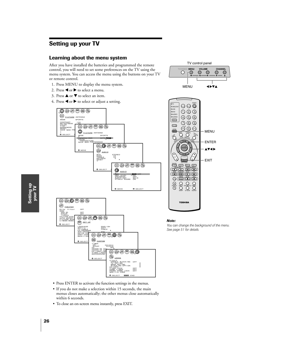Toshiba 26HL84 owner manual Setting up your TV, Learning about the menu system 