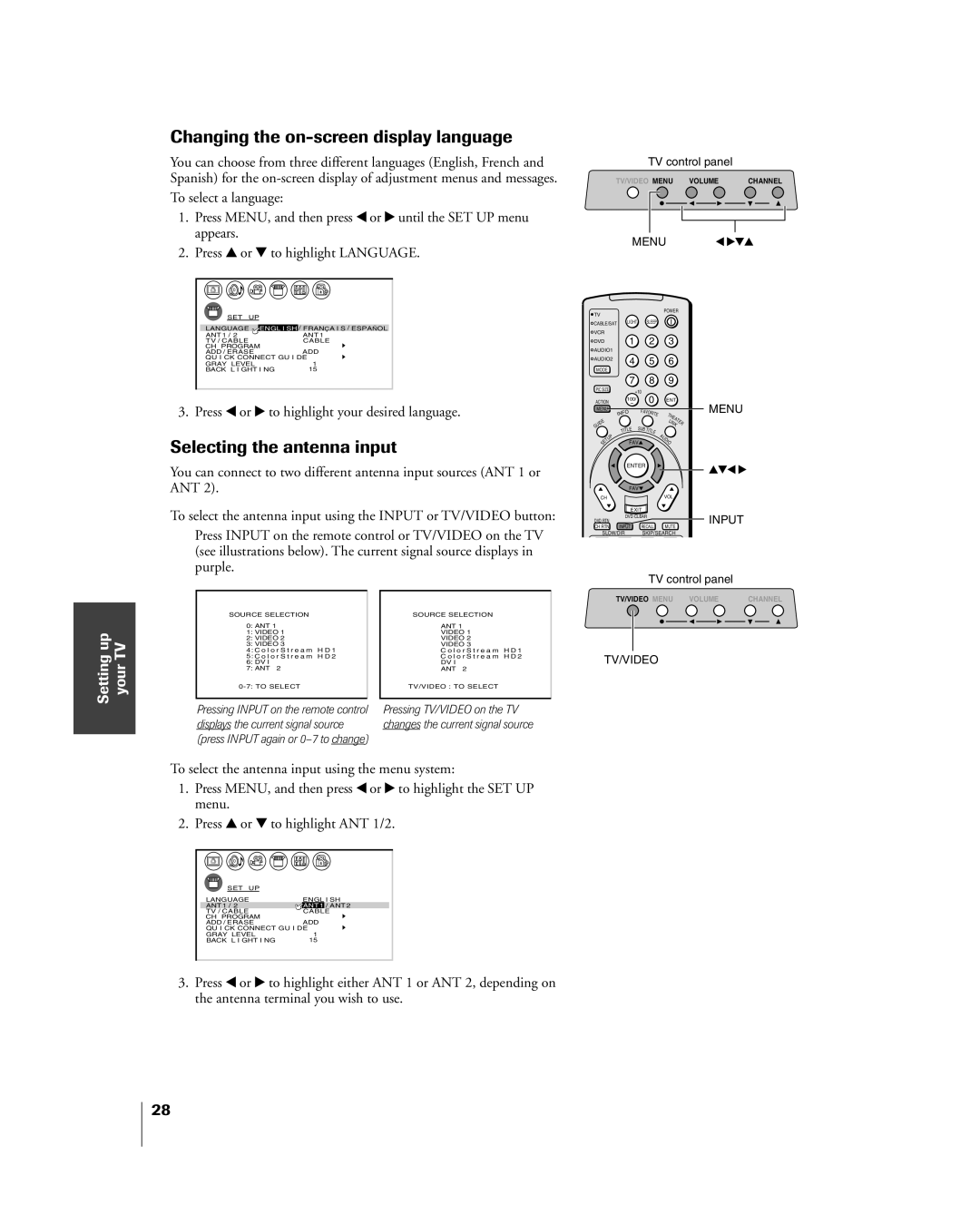 Toshiba 26HL84 owner manual Changing the on-screen display language, Selecting the antenna input, Setting up your TV 