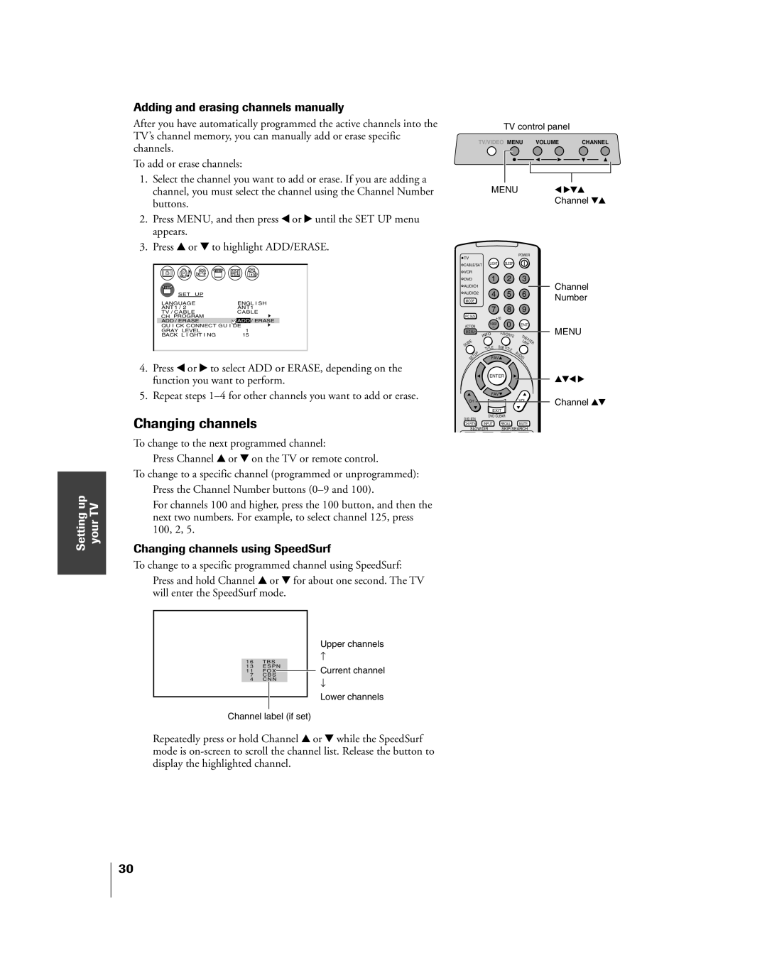 Toshiba 26HL84 owner manual Adding and erasing channels manually, Changing channels using SpeedSurf, Setting up your TV 