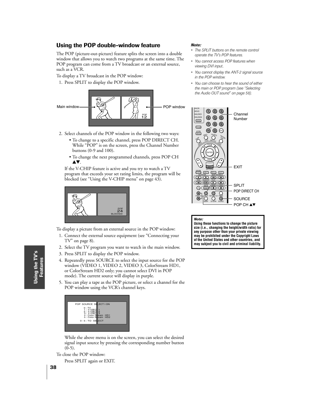 Toshiba 26HL84 owner manual Using the POP double-window feature, Using the TVÕs Features 