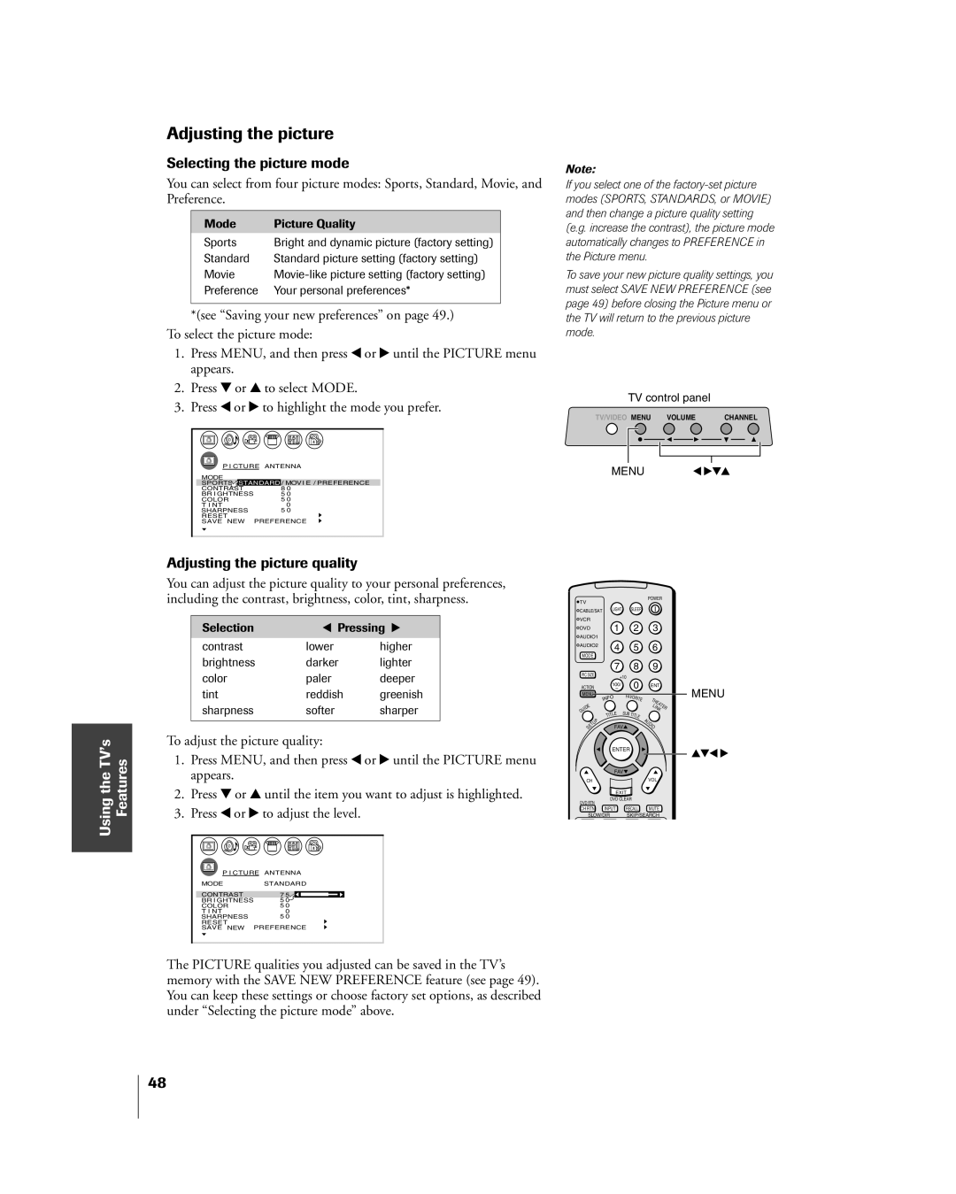 Toshiba 26HL84 owner manual Selecting the picture mode, Adjusting the picture quality, Using the TVÕs Features 