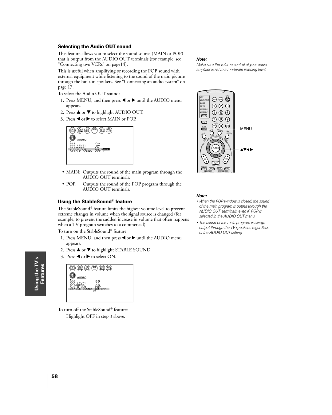 Toshiba 26HL84 owner manual Selecting the Audio OUT sound, Using the StableSound¨ feature, Using the TVÕs Features 