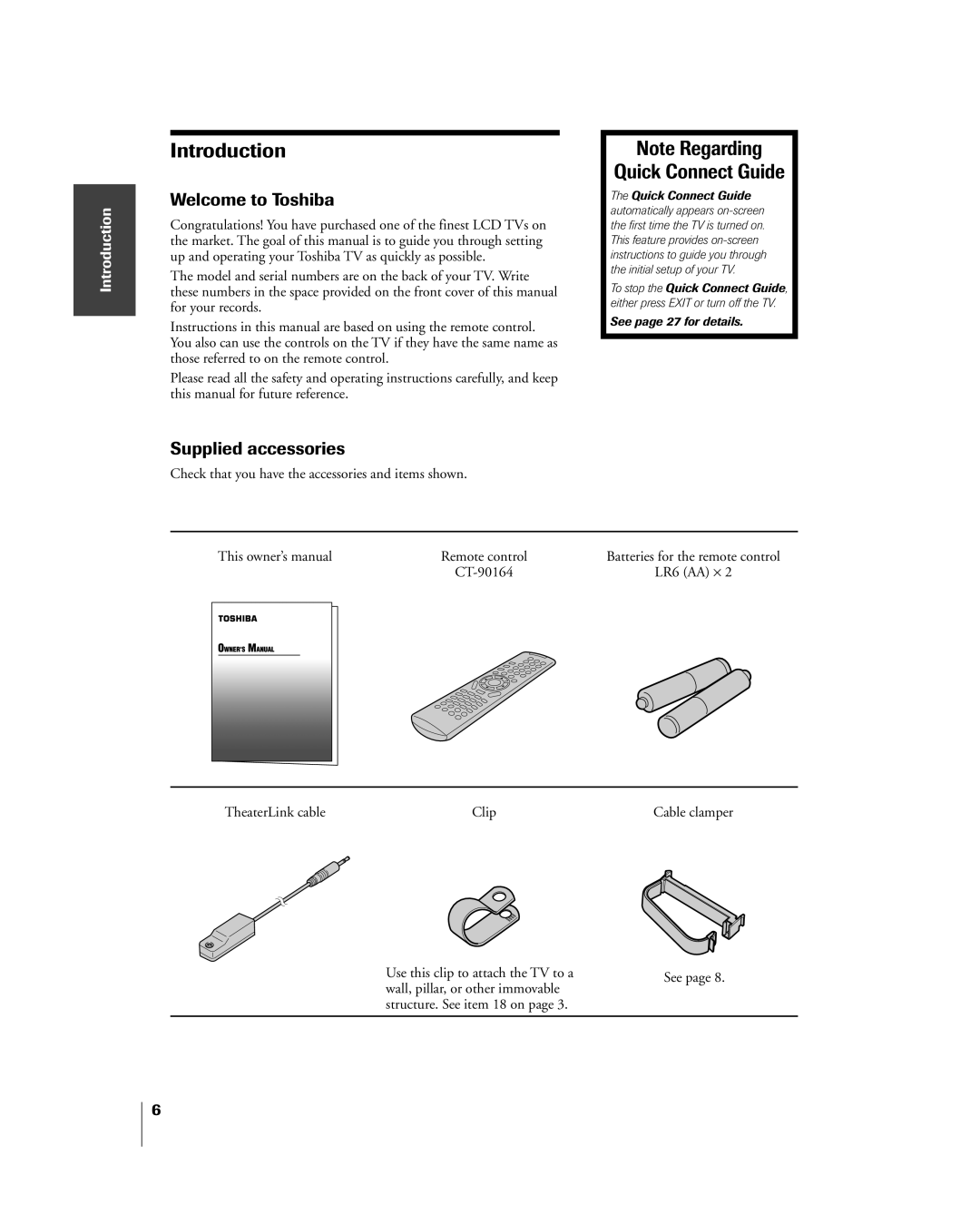 Toshiba 26HL84 owner manual Introduction, Note Regarding Quick Connect Guide, Welcome to Toshiba, Supplied accessories 