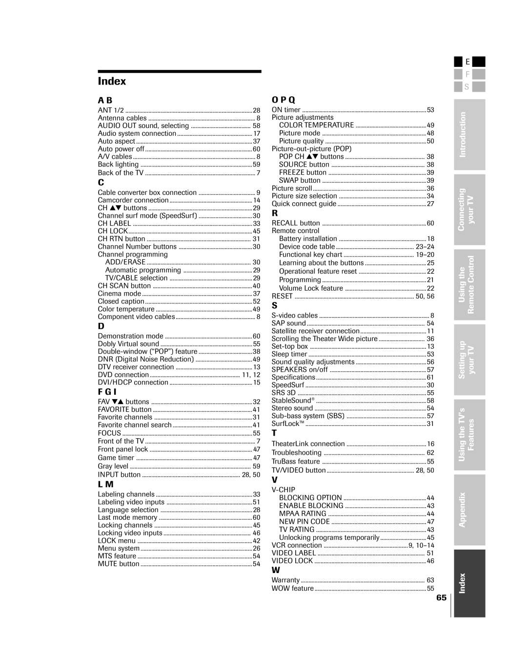 Toshiba 26HL84 owner manual Index 