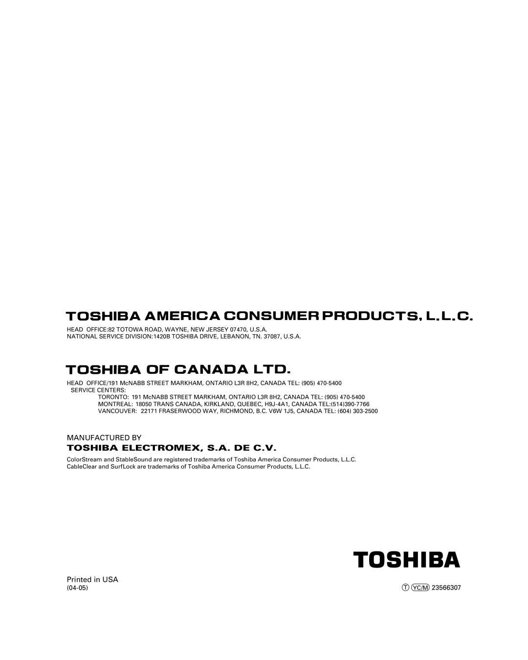 Toshiba 26HL84 owner manual Toshiba Electromex, S.A. De C.V, Manufactured By, Printed in USA, T Yc/M 