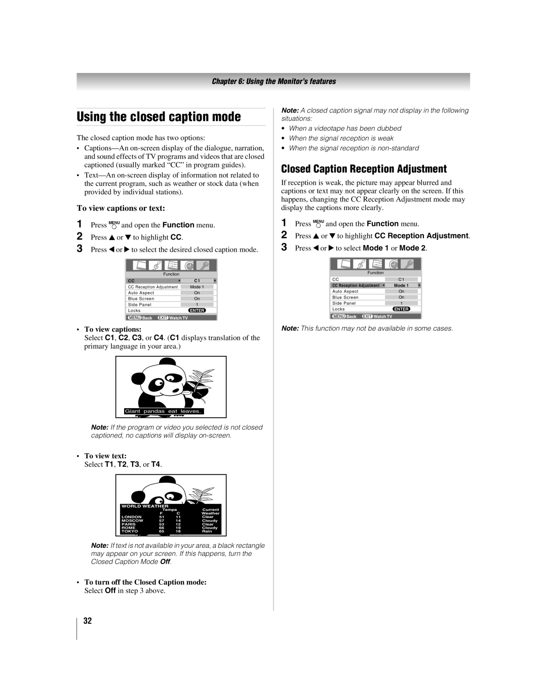 Toshiba 37HLC56, 26HLC56 Using the closed caption mode, Closed Caption Reception Adjustment, To view captions or text 