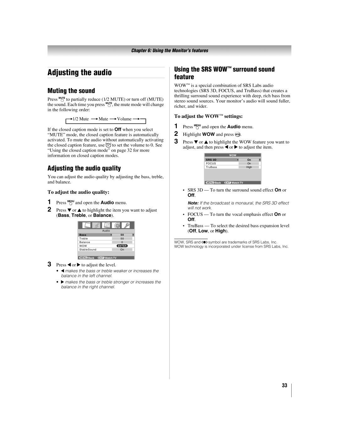 Toshiba VX1A00011000, 26HLC56 Muting the sound, Adjusting the audio quality, Using the SRS WOW surround sound feature 