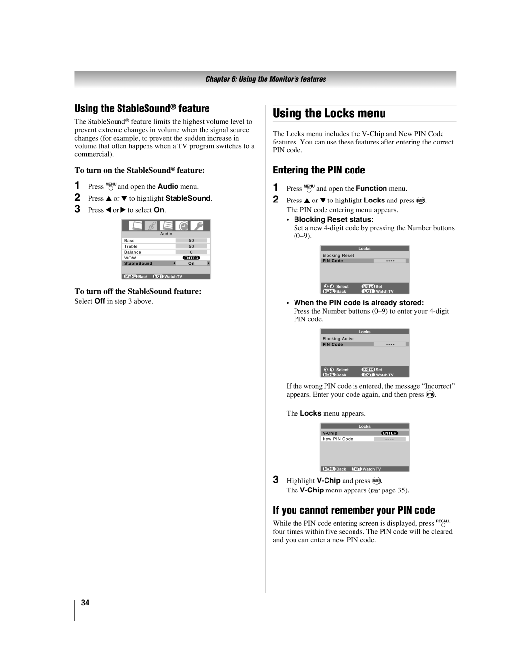 Toshiba 26HLC56, 32HLC56, 37HLC56 owner manual Using the Locks menu, Using the StableSound feature, Entering the PIN code 