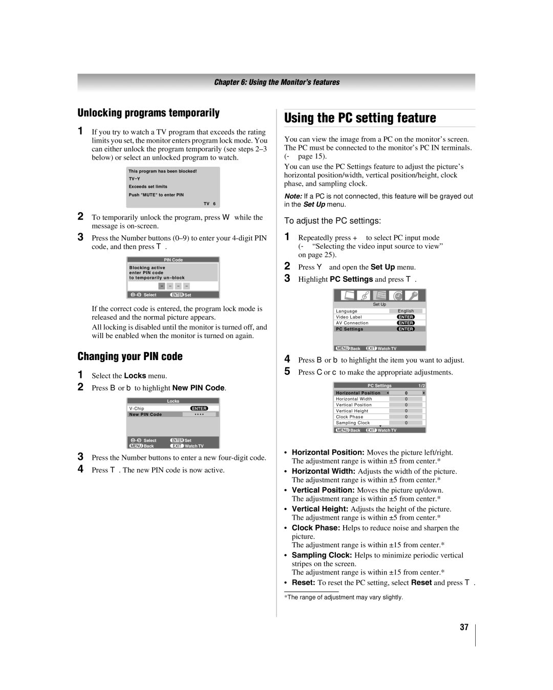 Toshiba 37HLC56, 26HLC56, 32HLC56, VX1A00011000 owner manual Using the PC setting feature, To adjust the PC settings 