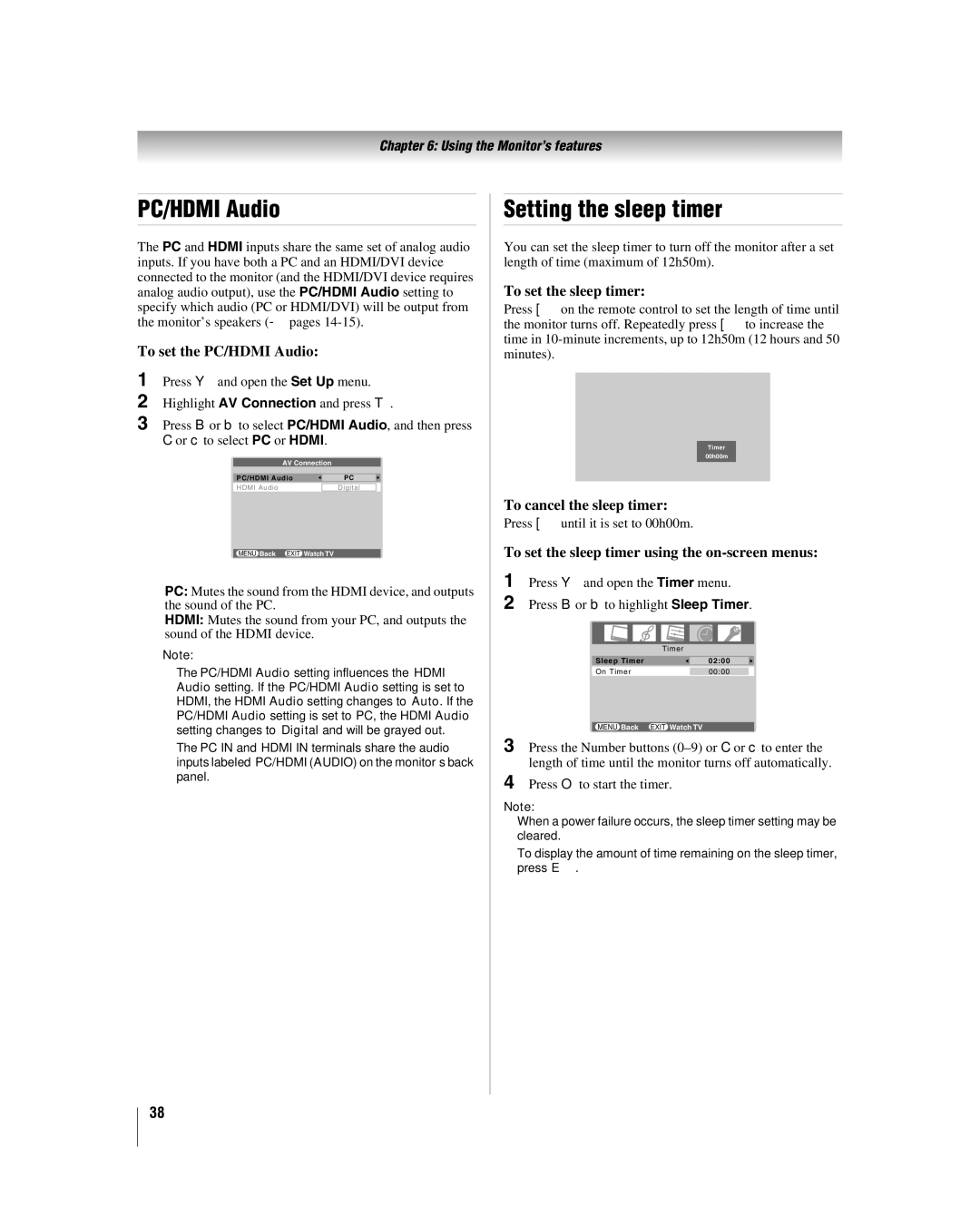 Toshiba VX1A00011000, 26HLC56, 32HLC56, 37HLC56 owner manual PC/HDMI Audio, Setting the sleep timer 