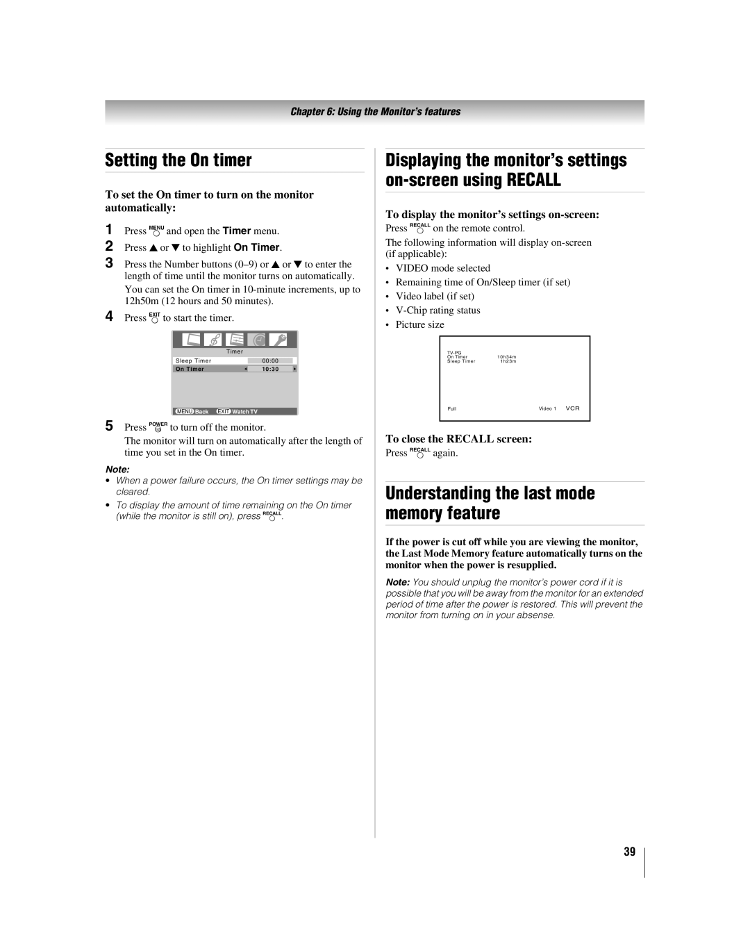 Toshiba 26HLC56, 32HLC56 Setting the On timer, Understanding the last mode memory feature, To close the Recall screen 