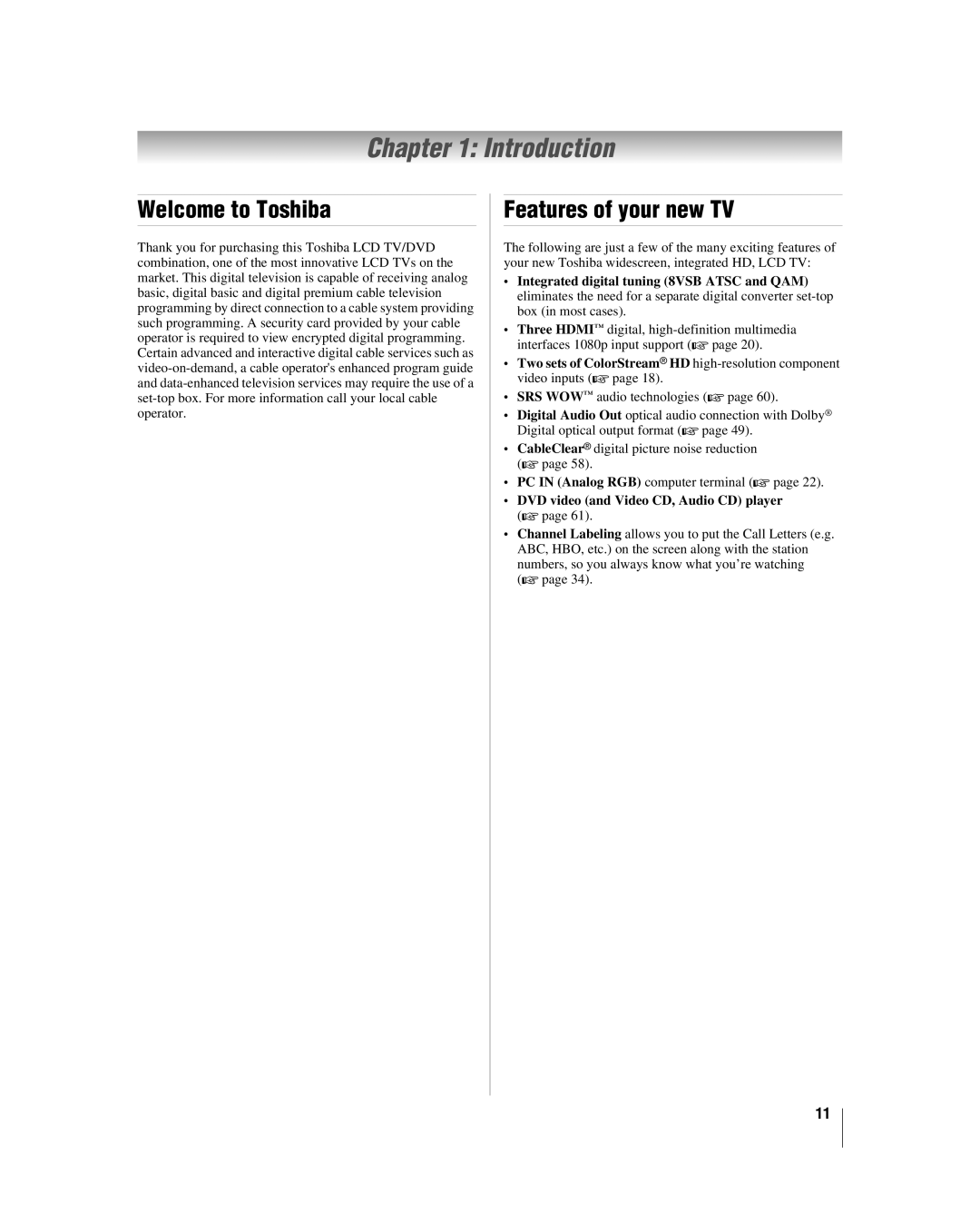 Toshiba 26LV47 manual Introduction, Welcome to Toshiba, Features of your new TV 