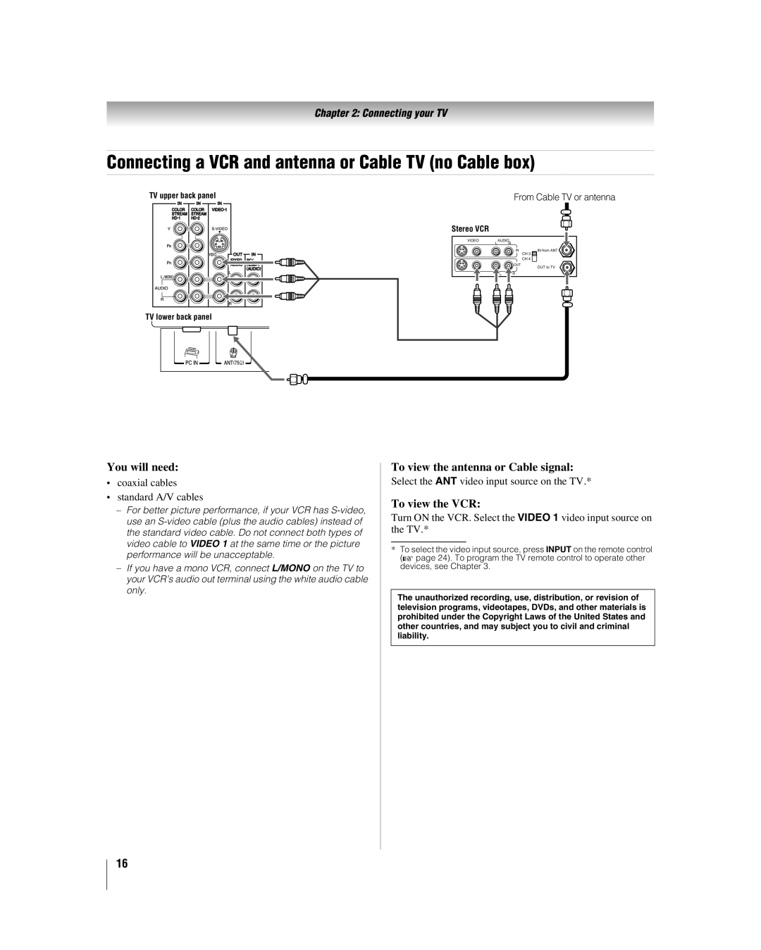 Toshiba 26LV47 Connecting a VCR and antenna or Cable TV no Cable box, You will need, To view the antenna or Cable signal 