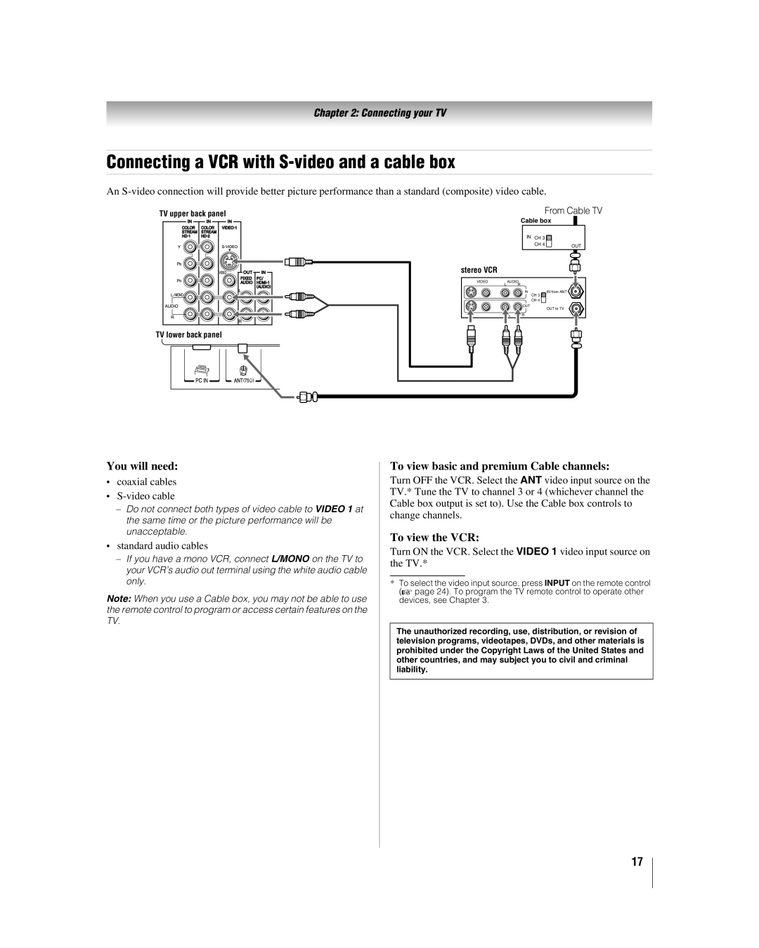 Toshiba 26LV47 manual Connecting a VCR with S-video and a cable box, To view basic and premium Cable channels 